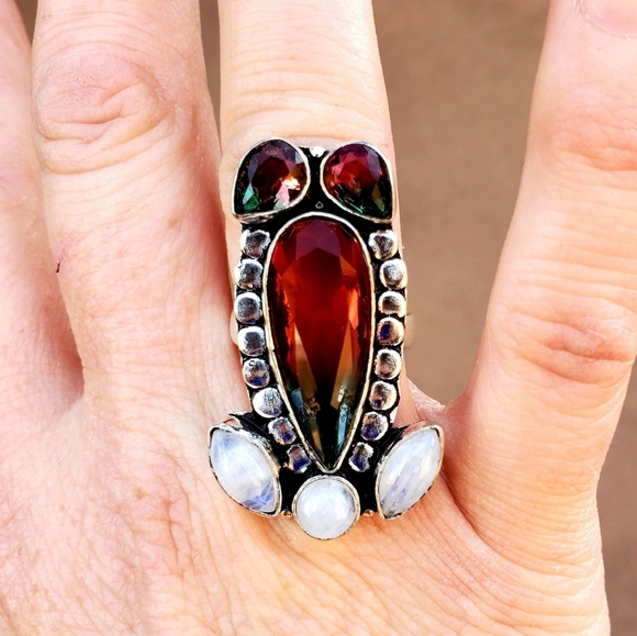 New Bi-Color Tourmaline and Rainbow Moonstone 925 Silver Ring. - Picture 2 of 14